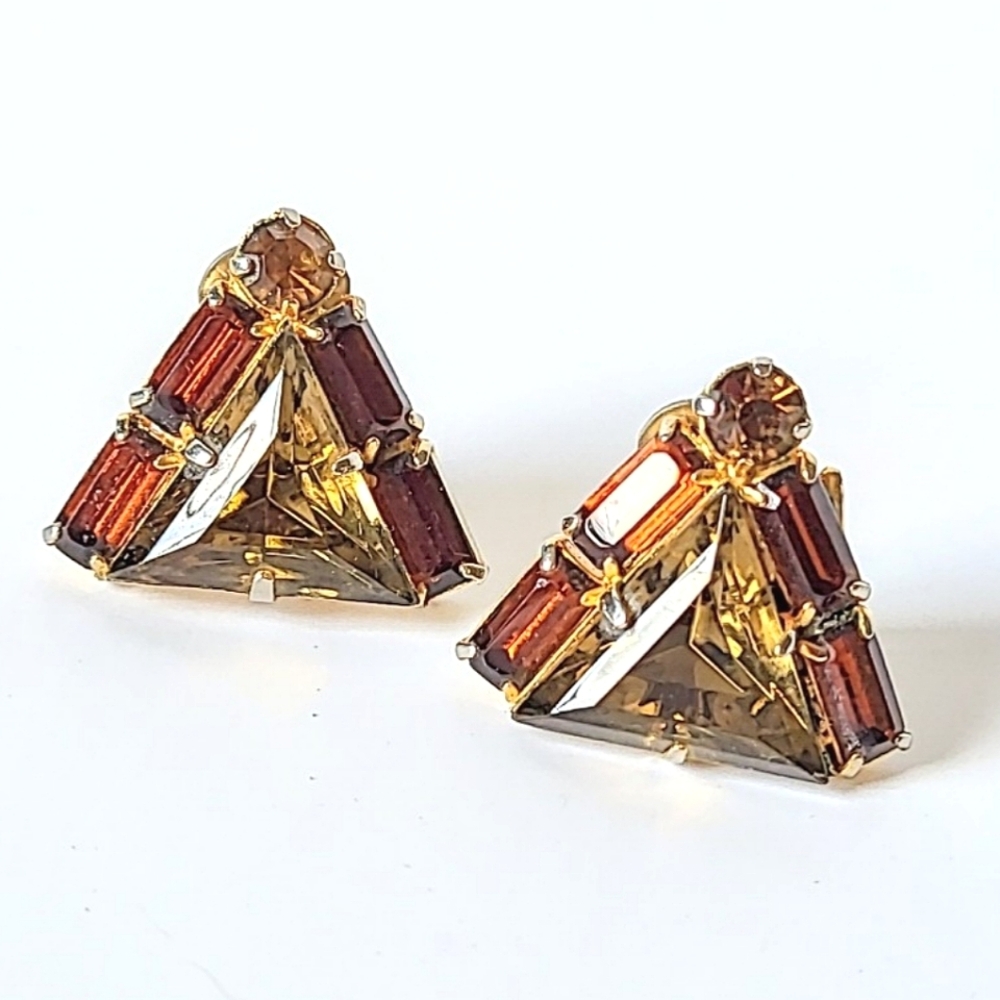 Art Deco Cognac Triangular Crystal Clip Earrings - Vintage Earth Tone Colors